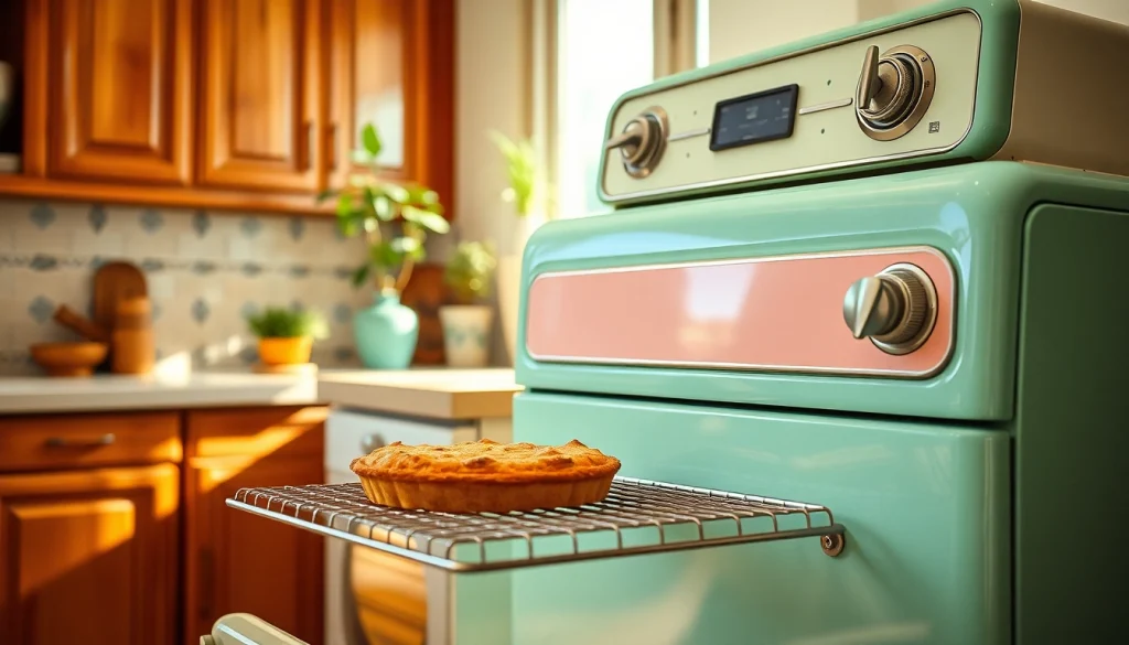 Elevate your kitchen aesthetic with the Retro Oven showcasing a baked pie.