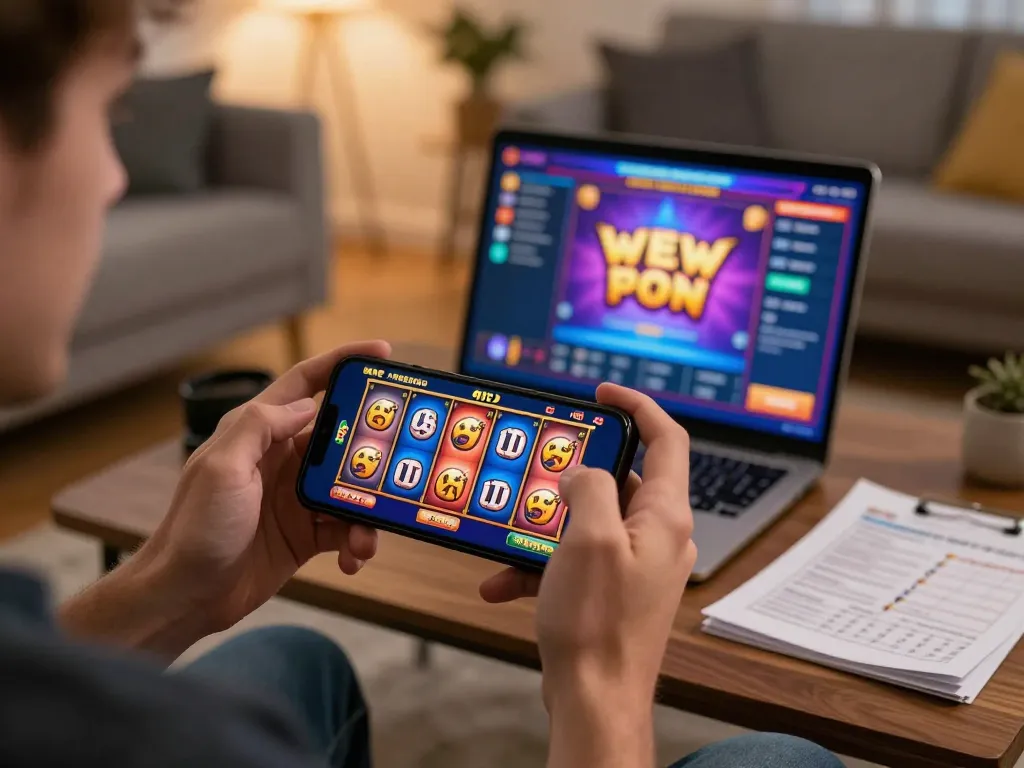 Player enjoying gajah toto online slot game victory with smartphone and strategy notes
