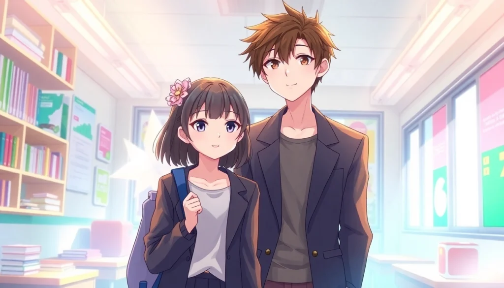 ツムグ君とノノカちゃんが学校環境にいるイラスト。幼なじみのツムグ君は。の本質を、鮮やかなパステルカラーと若々しい雰囲気で表現しています。