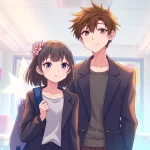 ツムグ君とノノカちゃんが学校環境にいるイラスト。幼なじみのツムグ君は。の本質を、鮮やかなパステルカラーと若々しい雰囲気で表現しています。