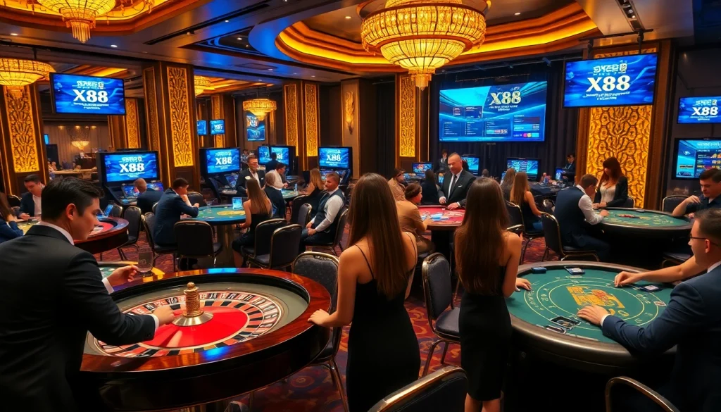 X88 casino players betting at roulette and poker tables with engaging dealers.