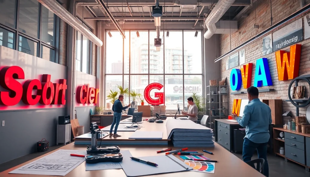 Edmonton sign company team designing custom signage in a vibrant studio.