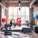 Edmonton sign company team designing custom signage in a vibrant studio.