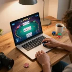 MB66 online poker player enjoying a strategic game on a laptop surrounded by a cozy environment