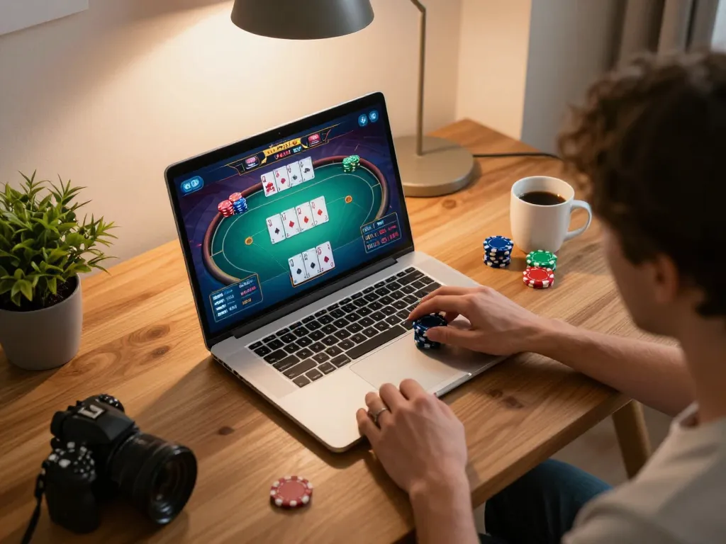 MB66 online poker player enjoying a strategic game on a laptop surrounded by a cozy environment