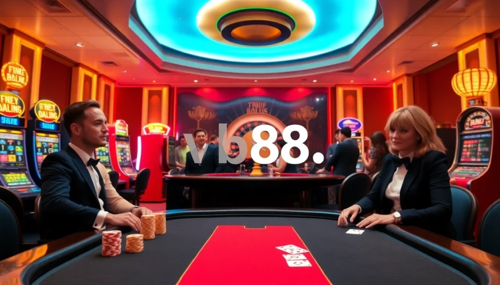 Engaging poker action at VB88 channel with vibrant casino elements and luxury ambiance.